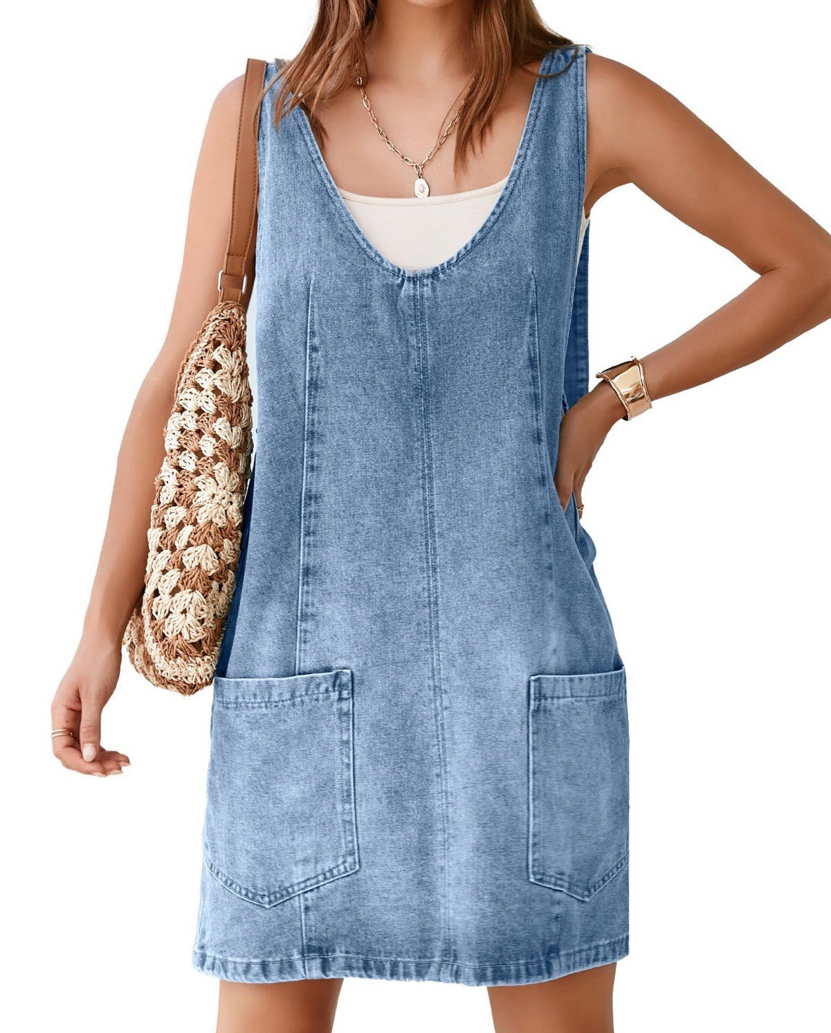 NWT Glamaker Denim Pinafore Mini Dress Adjustable Straps Patch Pockets Medium