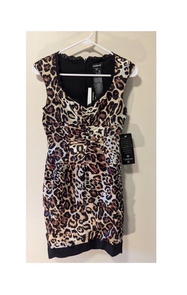 BEBE Black & Leopard Reversible Silk Dress XS NWT
