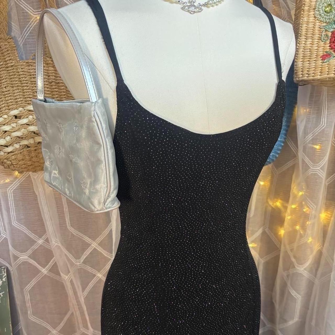 Vintage Black Rhinestone Slip Dress Sparkly Y2K Evening Cocktail Midi Dress