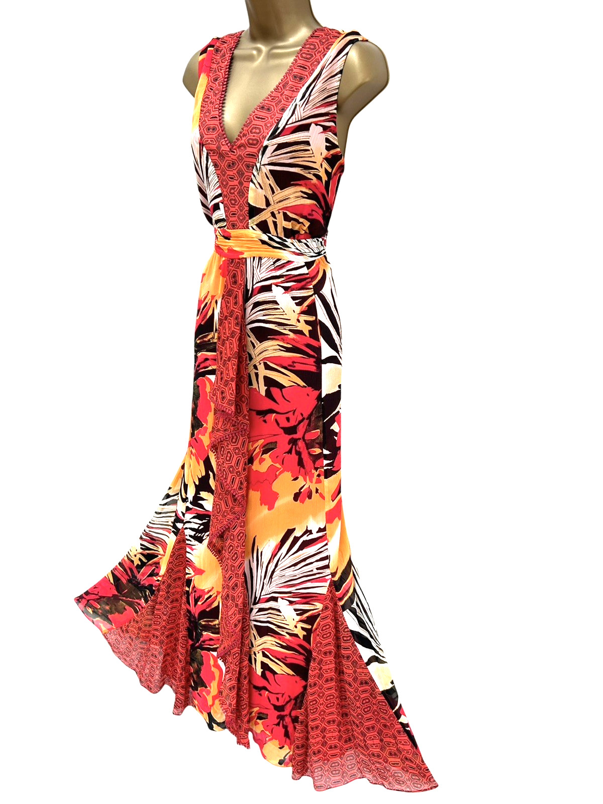 Per Una Maxi Dress Size 18 Long Orange Red Sleeveless Belted Full Length M&S