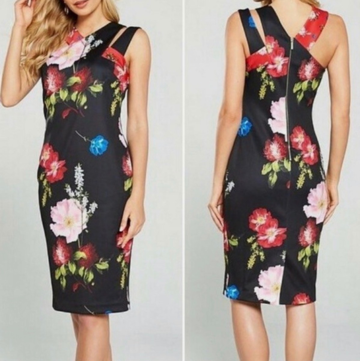 Ted Baker Polayo Berry Sundae Asymmetric Floral Sheath Dress Black Sleeveless Pe