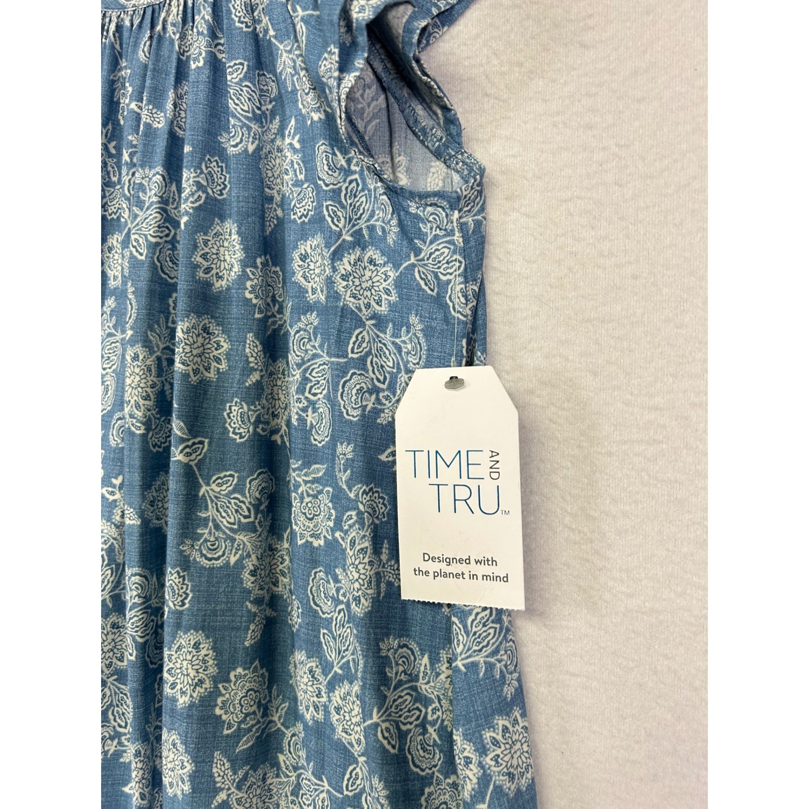 Boho Cottagecore Time and Tru Women XS Blue Floral Cap Sleeve Pocket Shift Dress
