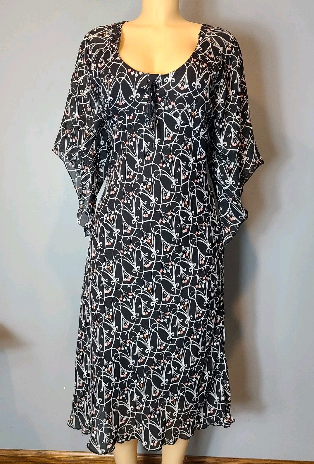 Vtg Y2K Marla Kim Black Floral Midi Dress Sz Large Whimsigoth Fairy Flare Sleeve
