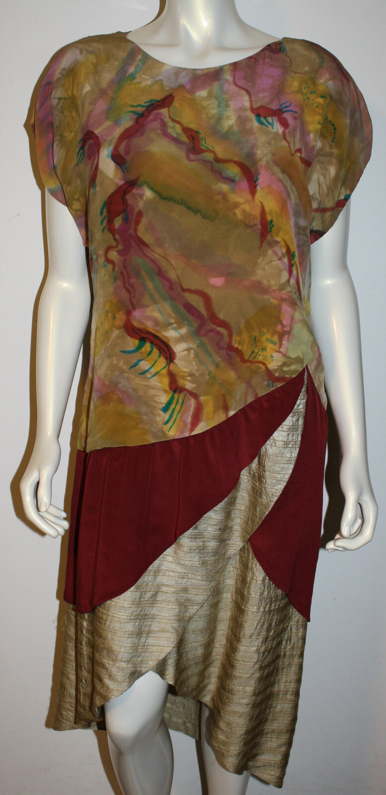 EARLLENE Hand Painted Silk Dress 8 10 12 Pink Beige Purple Cap Sleeve Ruffle