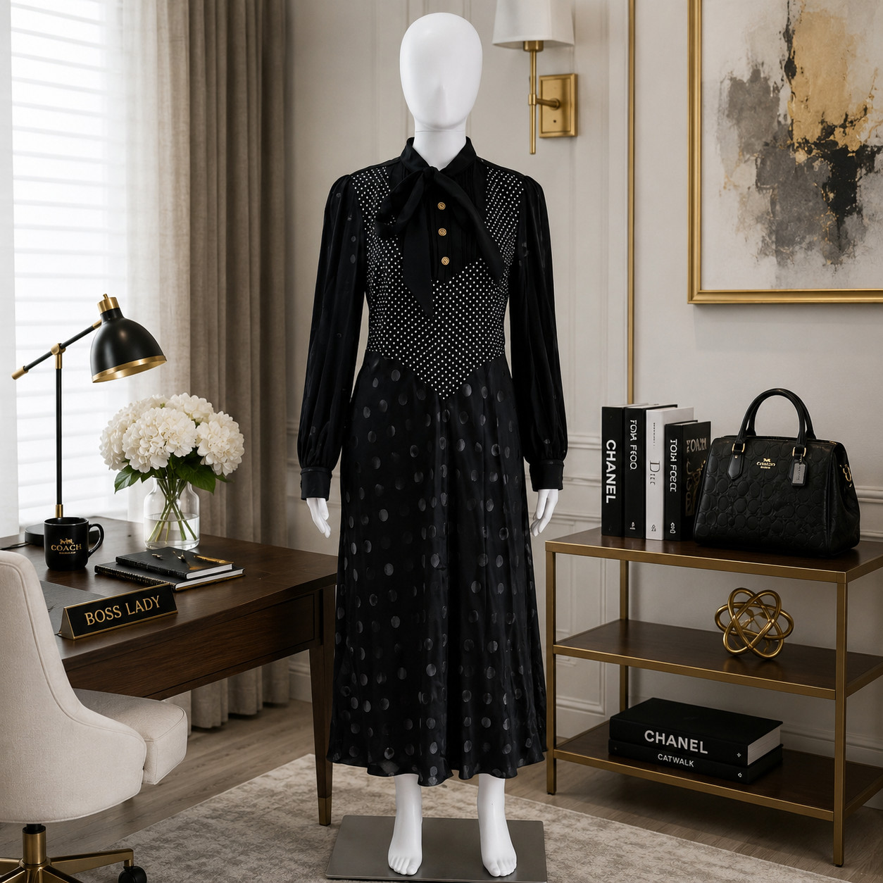 Coach Midi Dress Womens 4 Silk Black Polka Dot Tie Neck Long Sleeve Designer