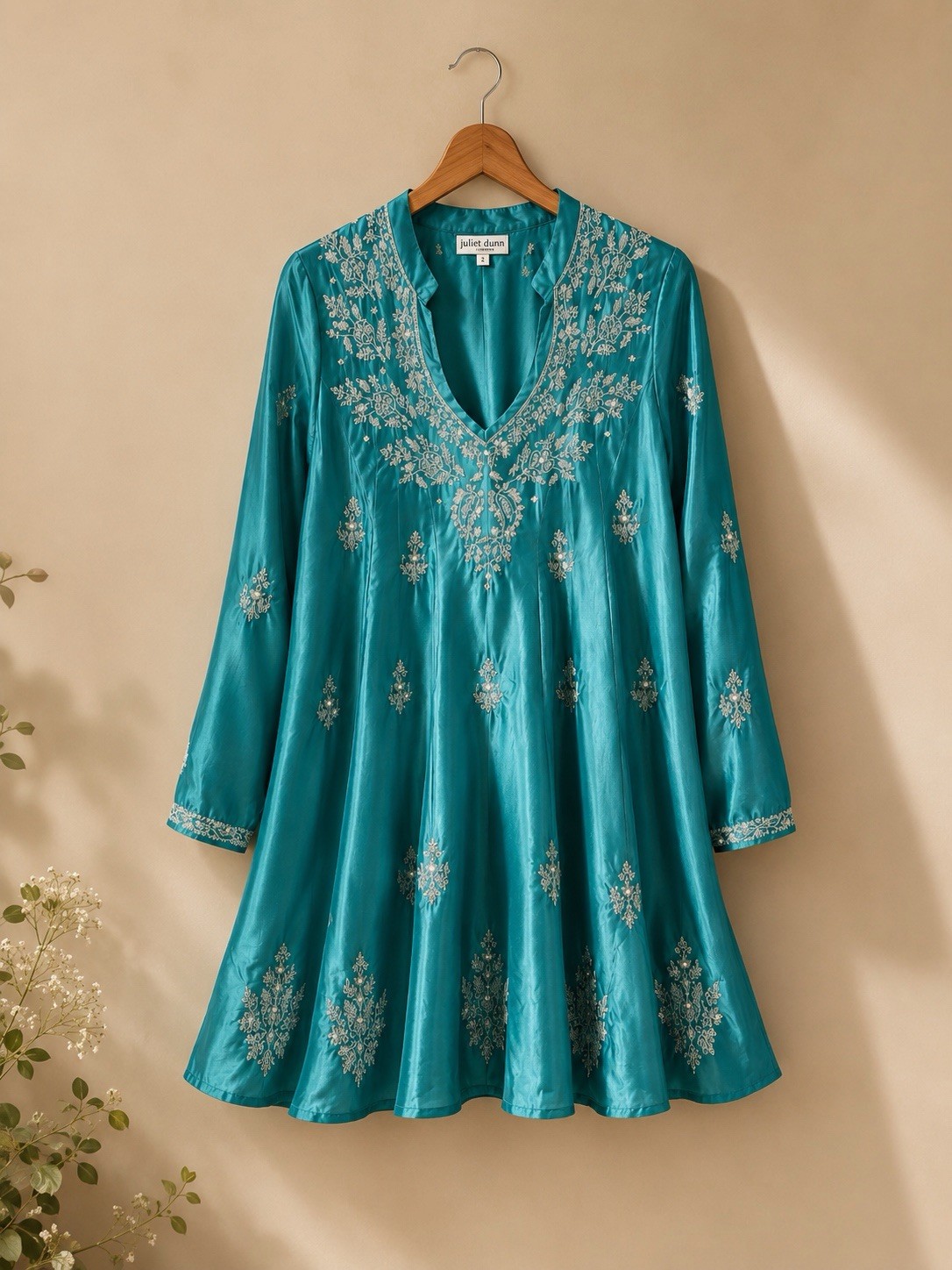 Juliet Dunn Silk Embroidered Sequin Tunic Dress Aqua Green NWT Size 2