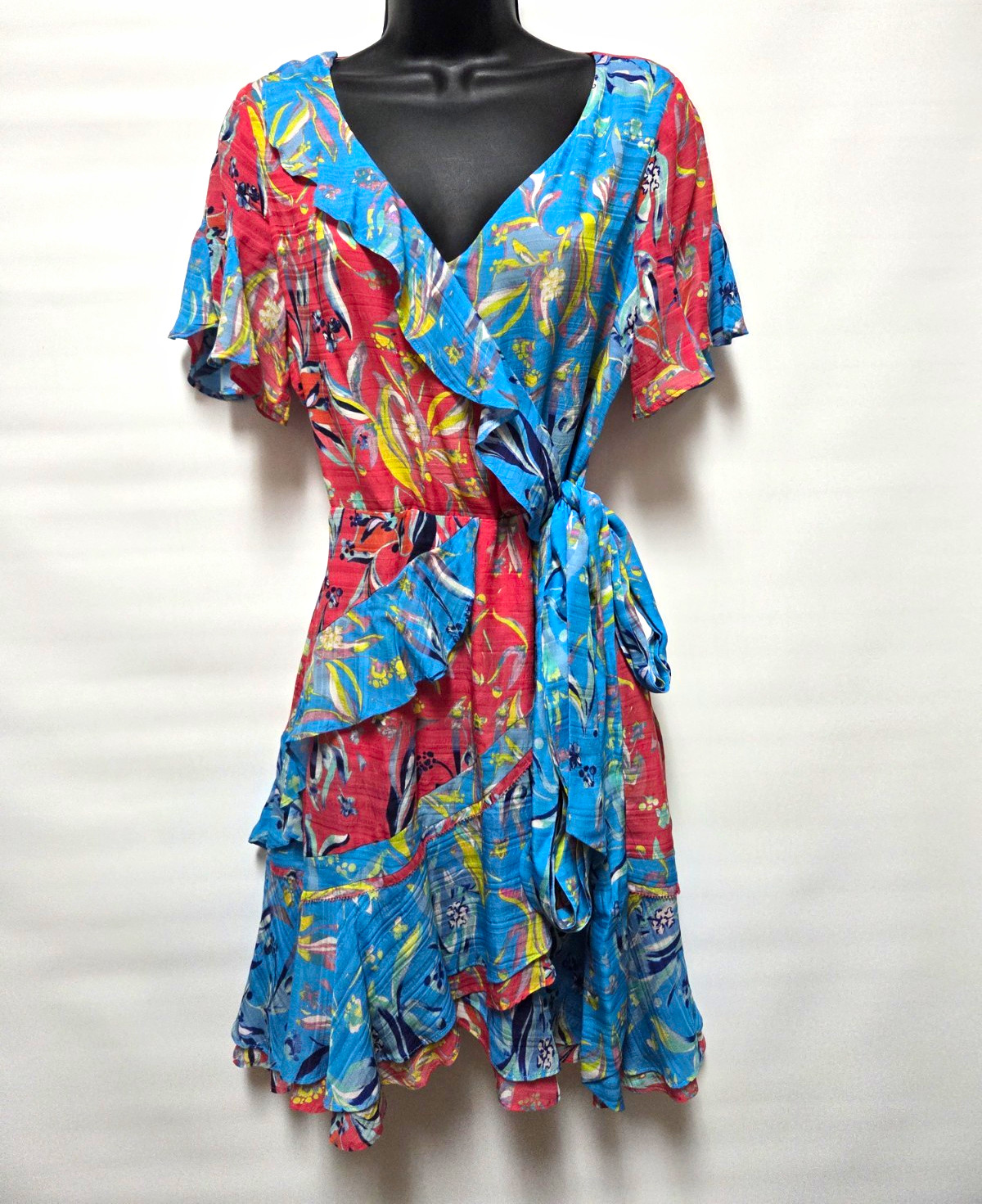 Tanya Taylor 2 Blue Red Floral Wrap Mini Dress Ruffle Flutter Sleeve V-Neck