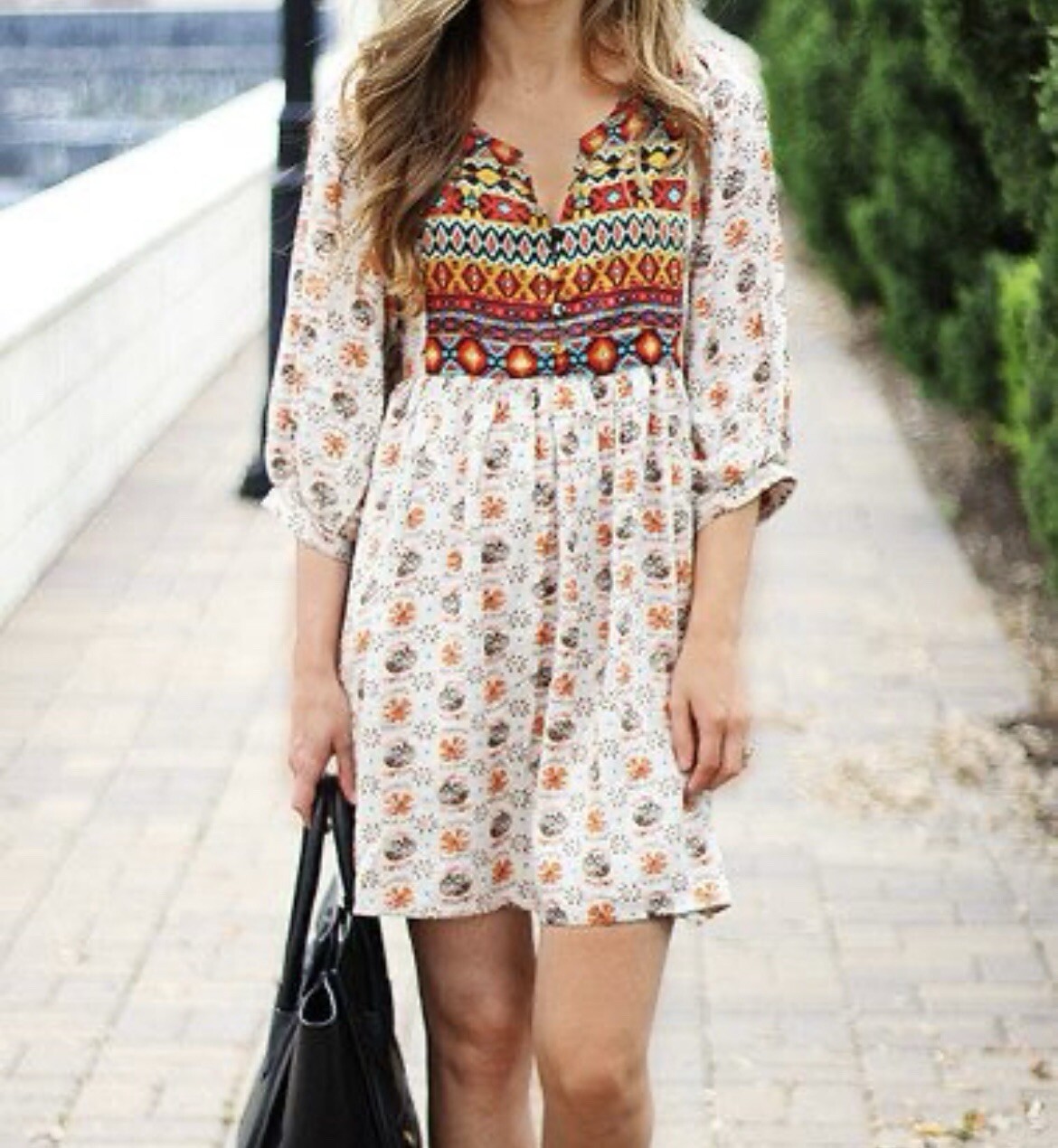 Umgee Aztec Dove Pattern 3/4 Sleeve Tunic Mini Dress Boho Western Rodeo Sz Small