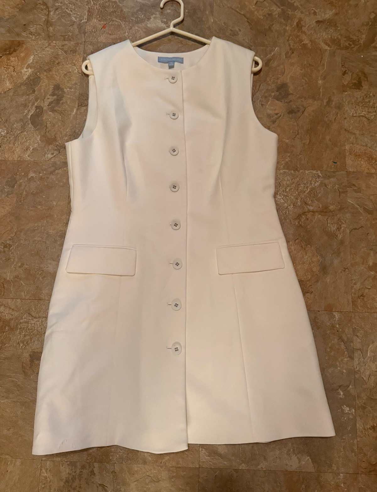 Antonio Melani White Solid A-Line Dress Sleeveless Pockets Short Round Neck 4