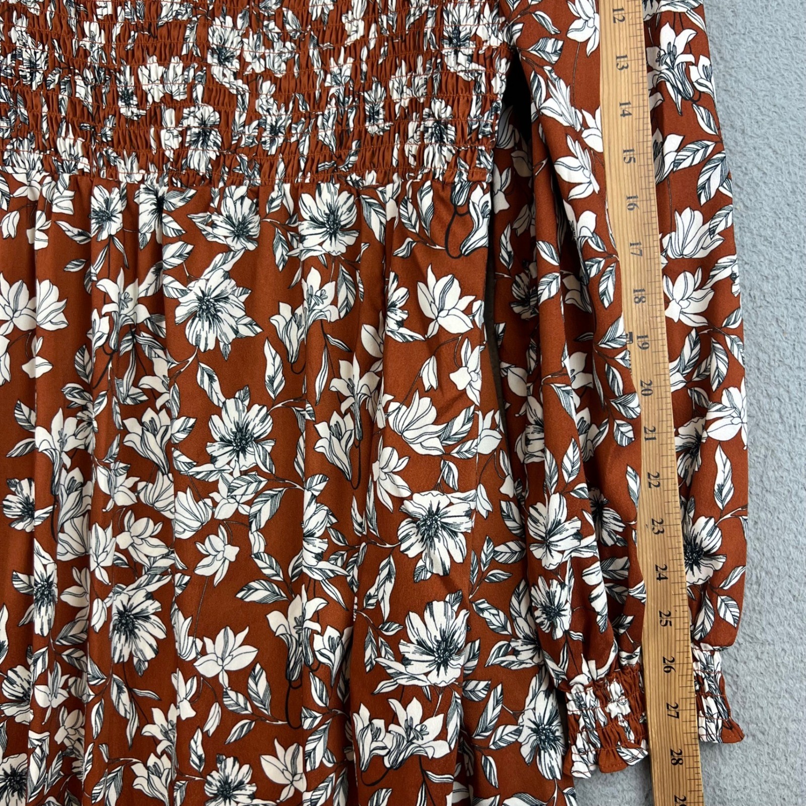 Rust Brown Floral Smocked Maxi Dress Long Sleeve Square Neck Boho Slit L