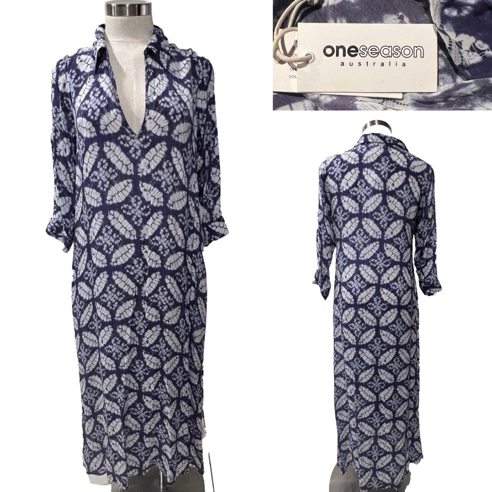ONESEASON NWT$200 IRIS Navy Tie Dye Viscose Moss Crepe unlined Long Dress S
