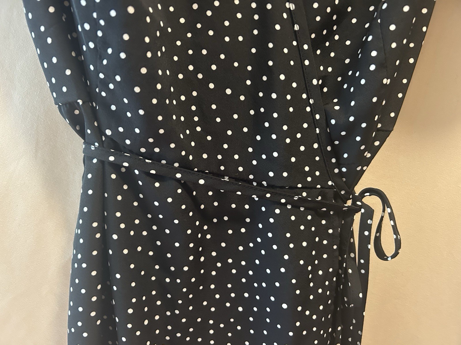 Prettygarden Black Polka Dot Wrap Midi Dress V-Neck & Ruffled Hem SZ M