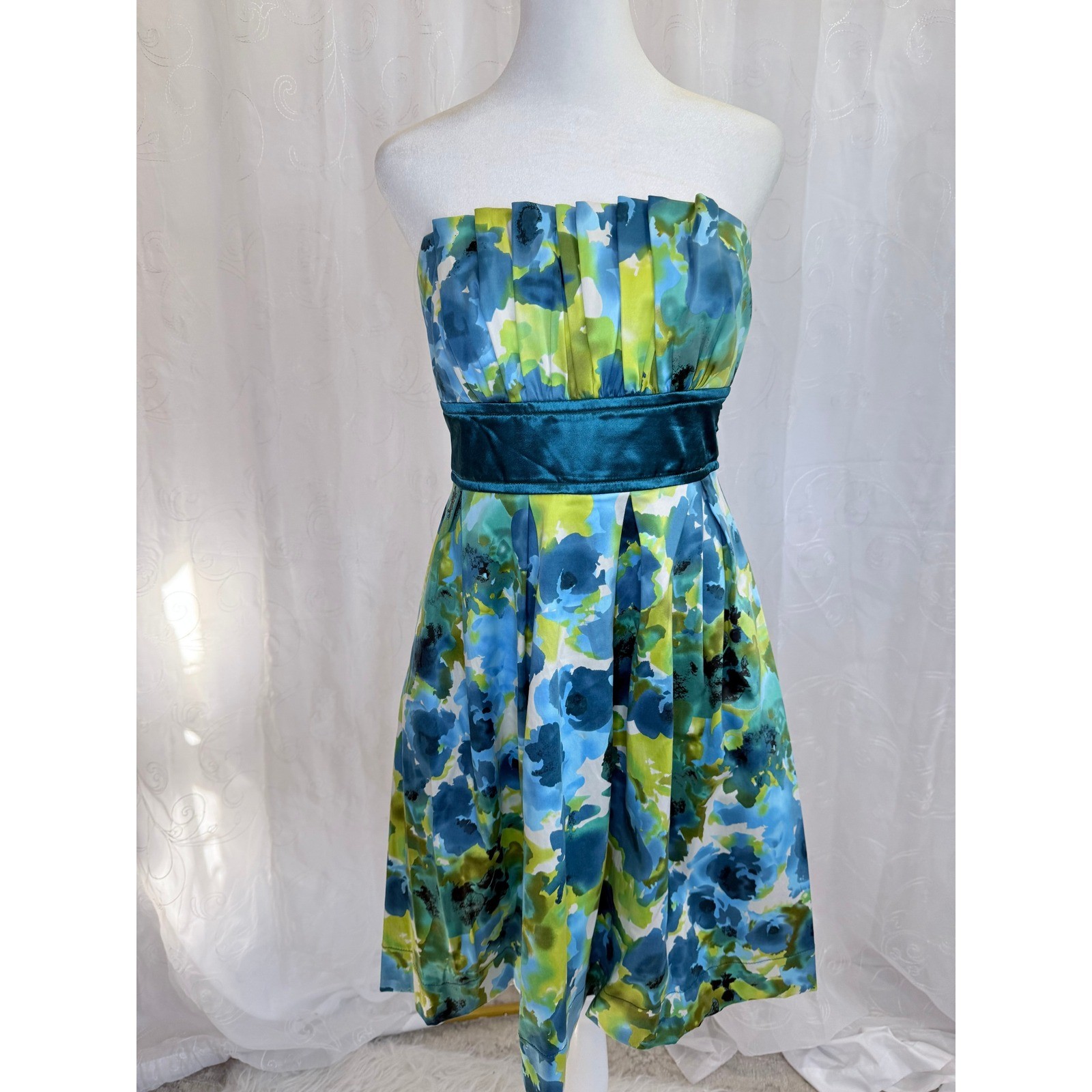 Teeze Me Strapless Floral Watercolor Fit & Flare Dress Teal Blue Green Size 11