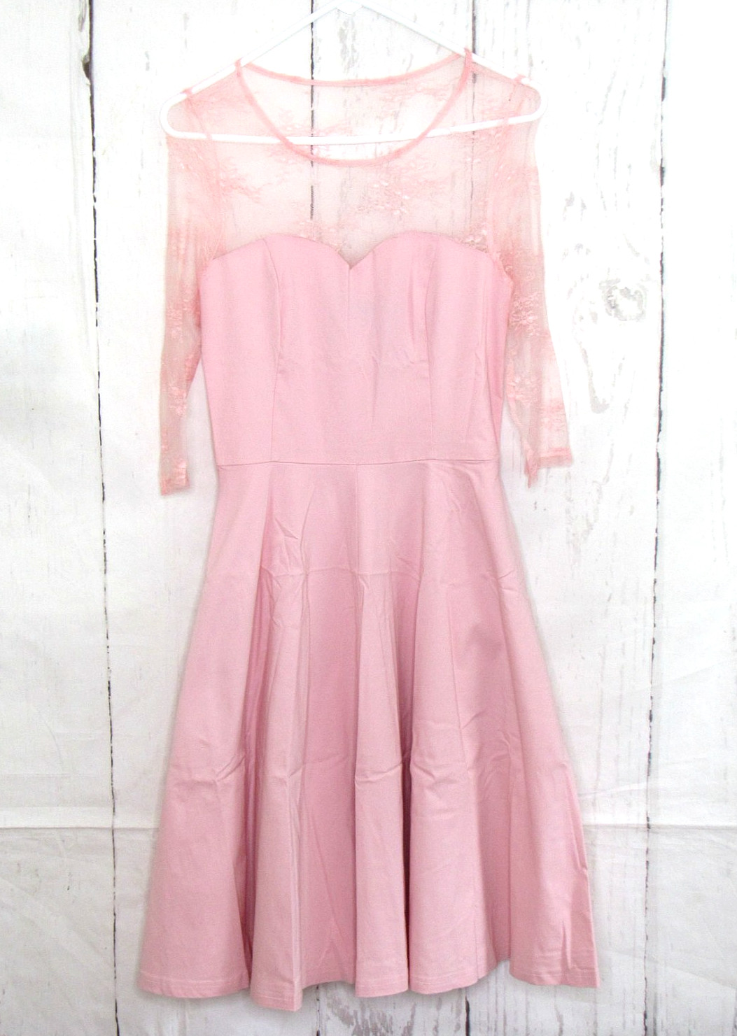 Gown Town Flared Midi Dress Sz M Sweetheart Neckline Sheer Lace Sleeve Pink NWT