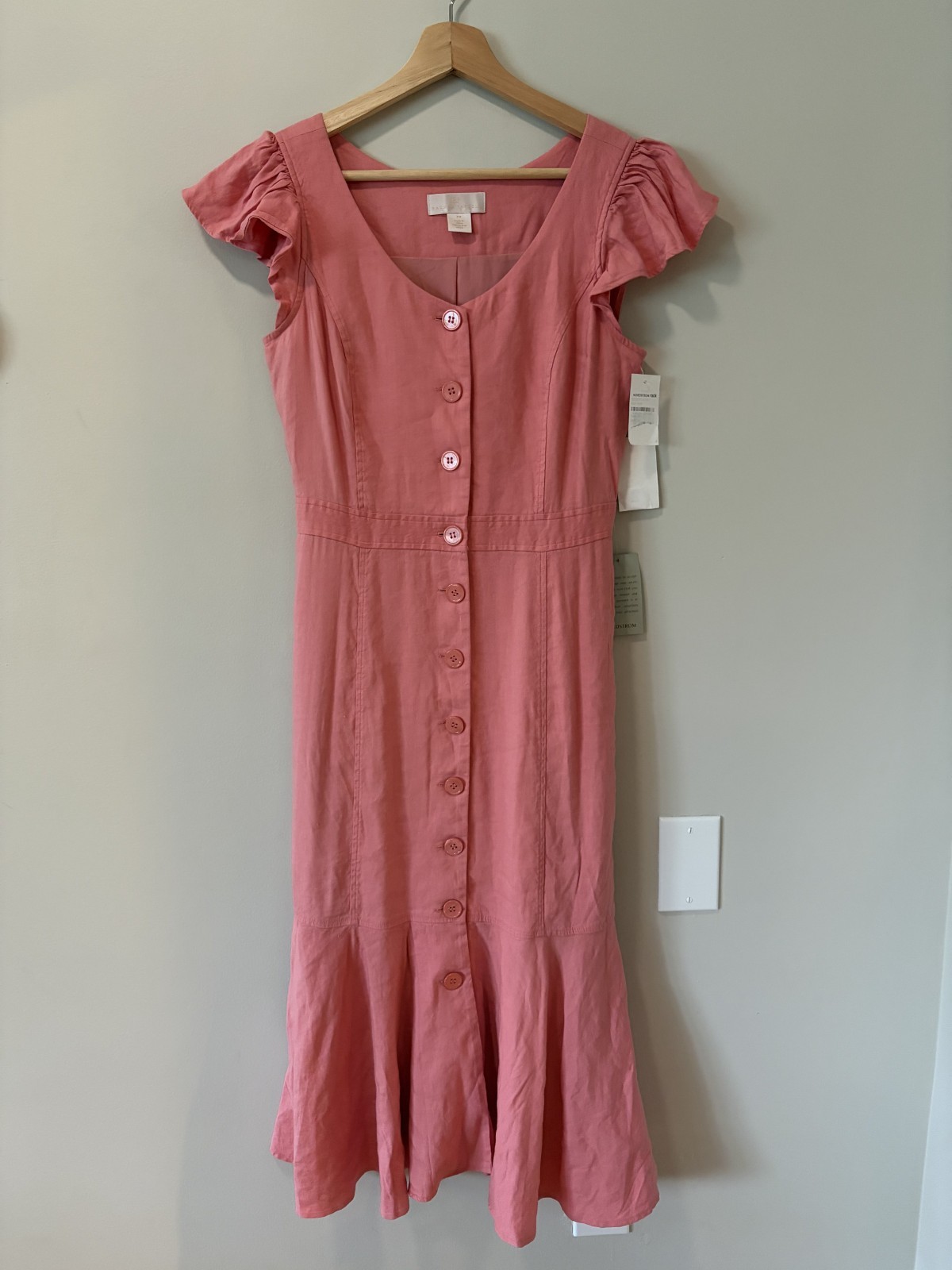 NWT Rachel Parcell Button Front Ruffle Hem Linen Blend Midi Dress Pink Size XS