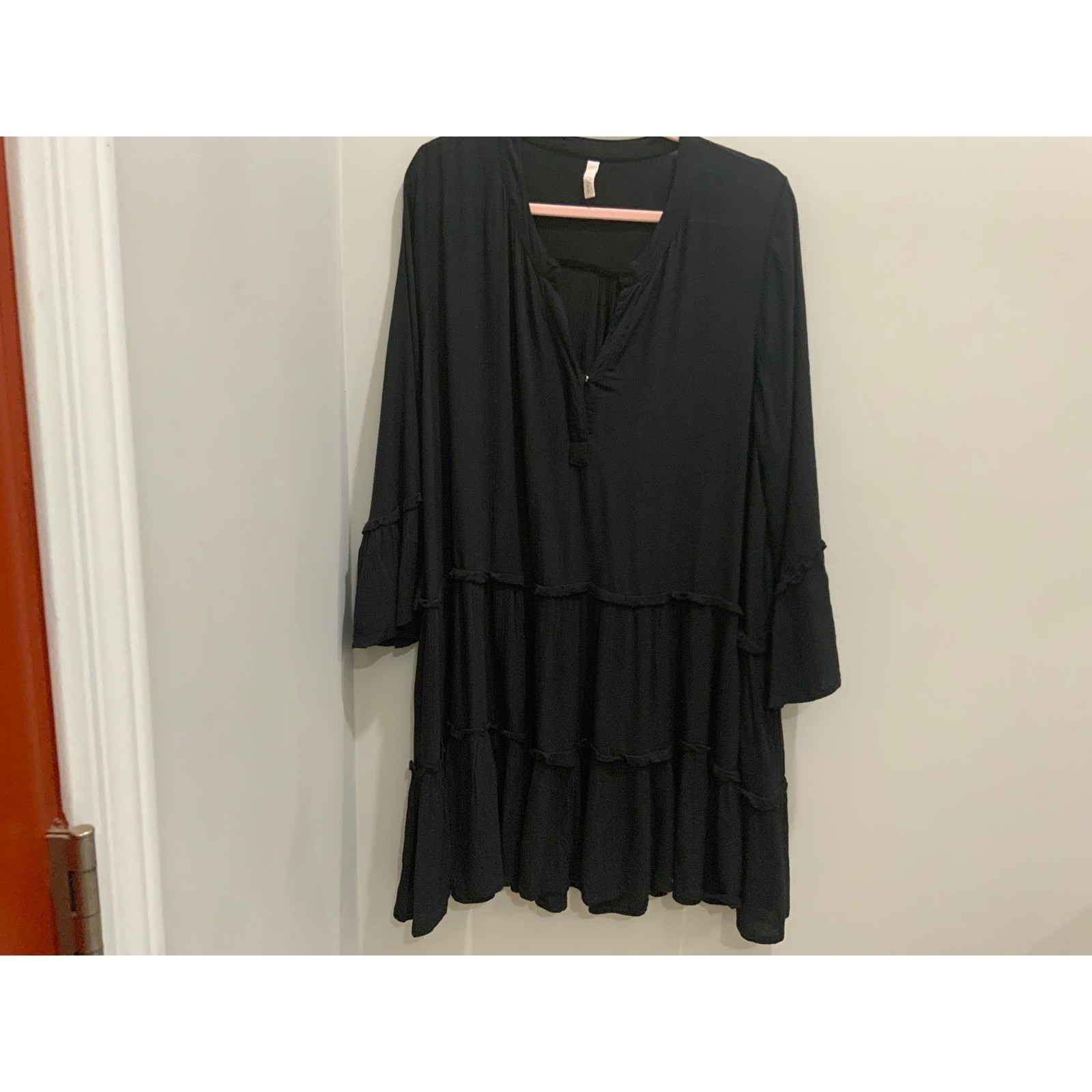 Black Crinkle Gauze Tiered Babydoll Dress Long Ruffle Bell Sleeve Split Neck M