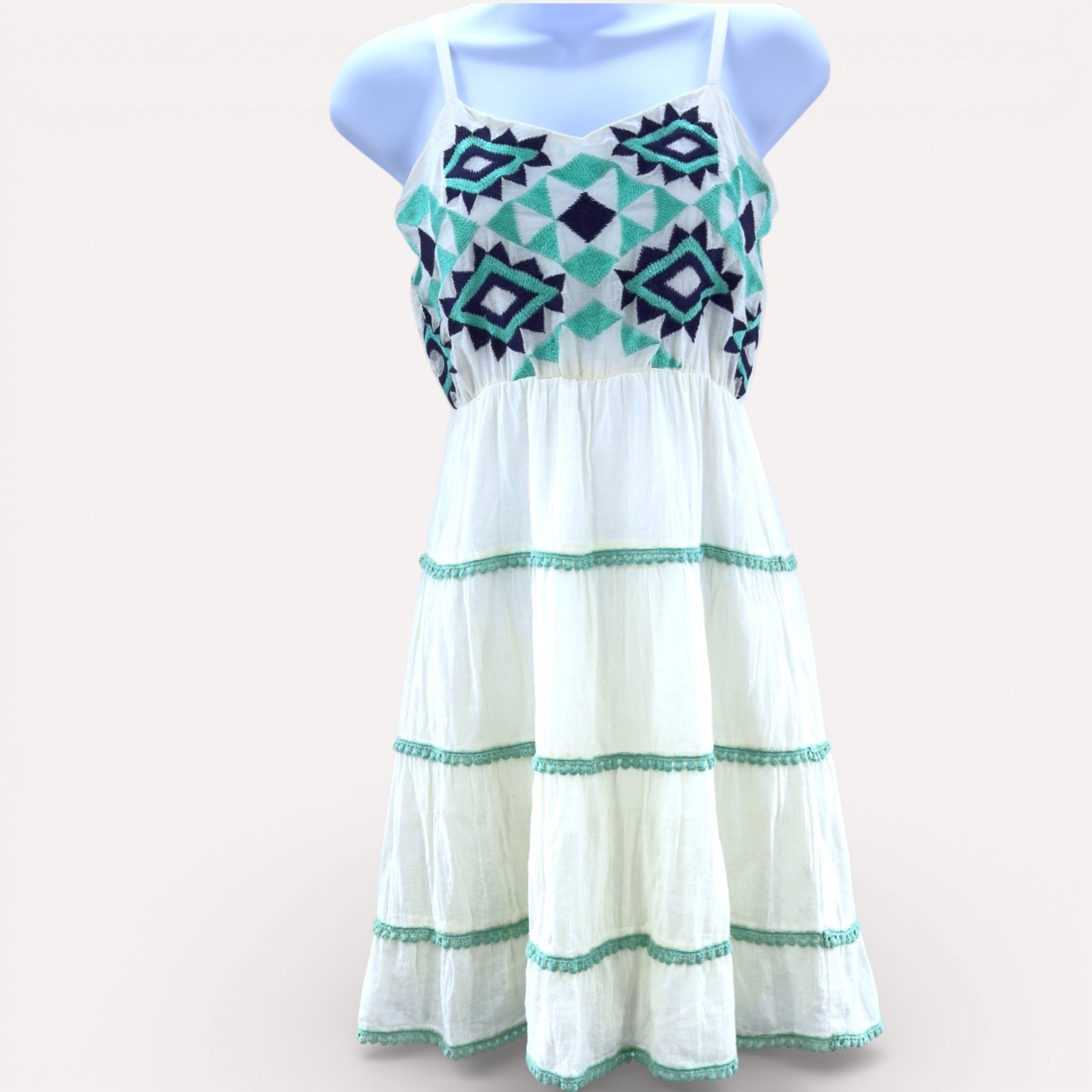 Young Threads Embroidered Cotton Tiered Sundress Boho 70s Inspired Folk Dress
