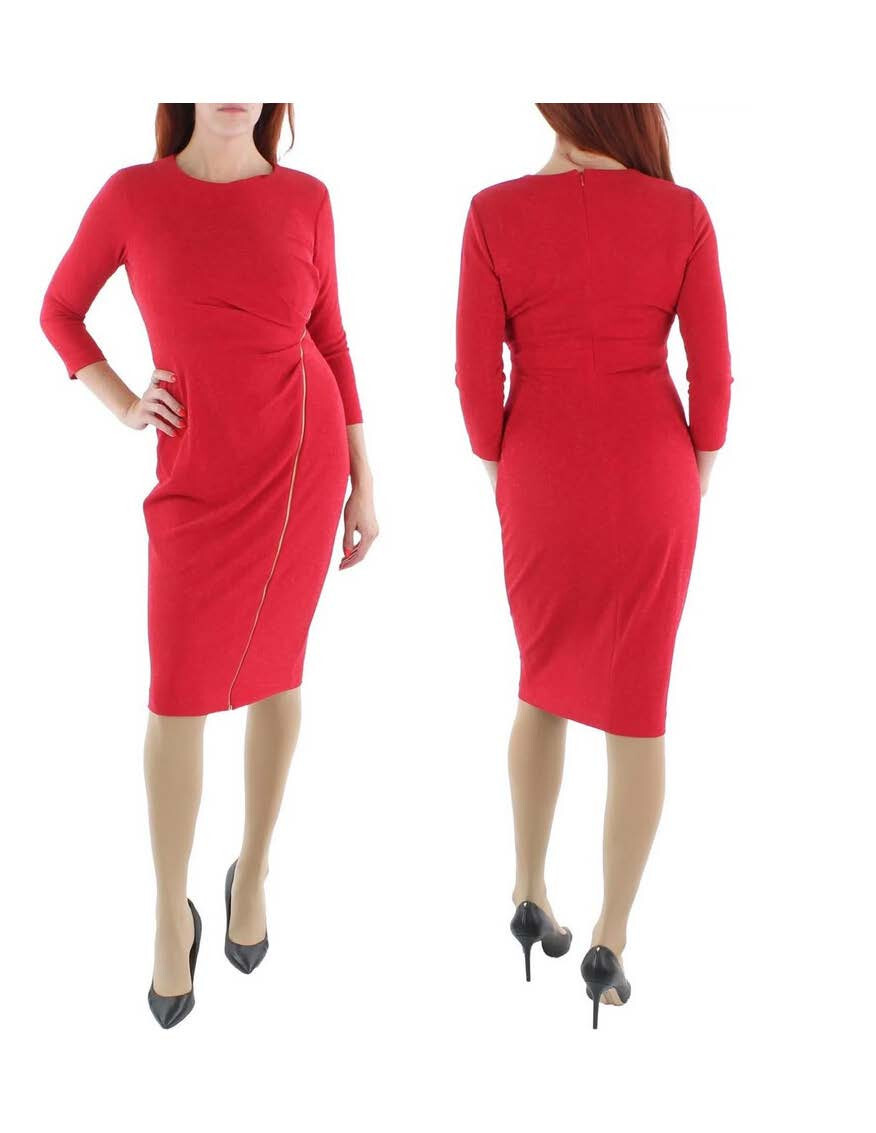 NWT Calvin Klein Exposed Front Zipper Rushed Sheath Dress Sz.12 RED 3/4 sleeves