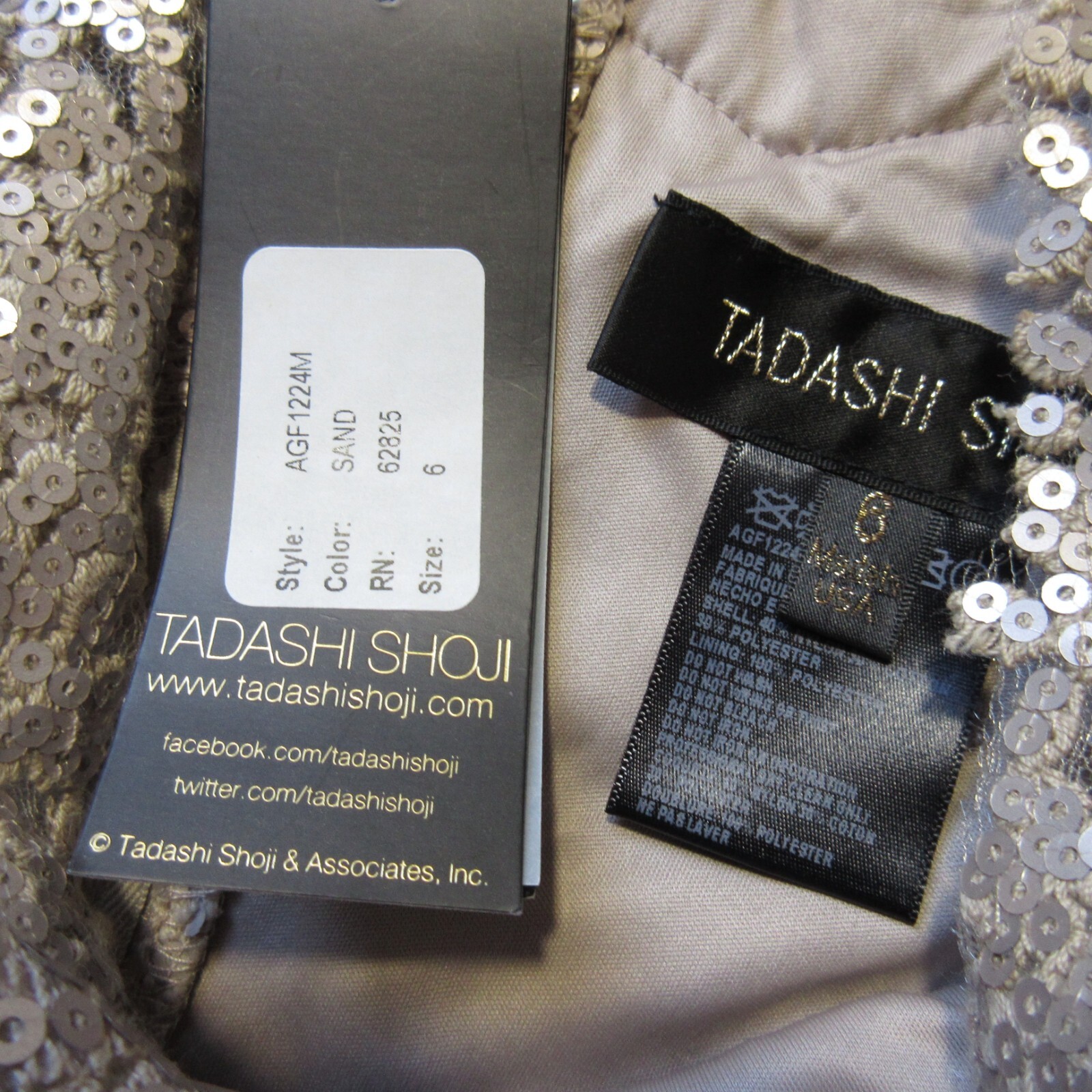 NWT TADASHI SHOJI Paillette Embroidered Tulle Sheath in Sand Belted Dress 6