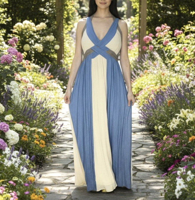 Ryu Grecian Goddess Maxi Dress Size M Dusty Blue Empire Waist Drapped Ruching