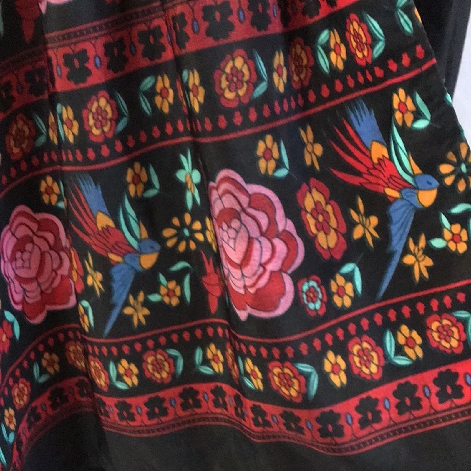Black floral peacock colorful print short sleeves hi-low maxi dress boho gypsy M