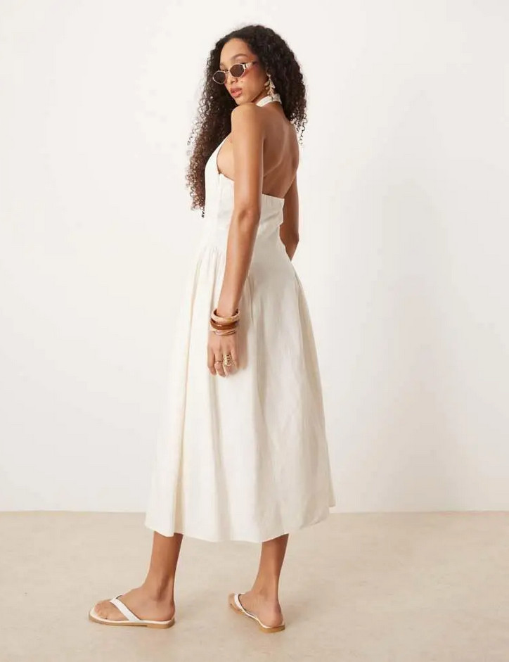 NWT MANGO MNG $140 WHITE STRETCH COTTON HALTER NECK MIDI DRESS SZ M US 6