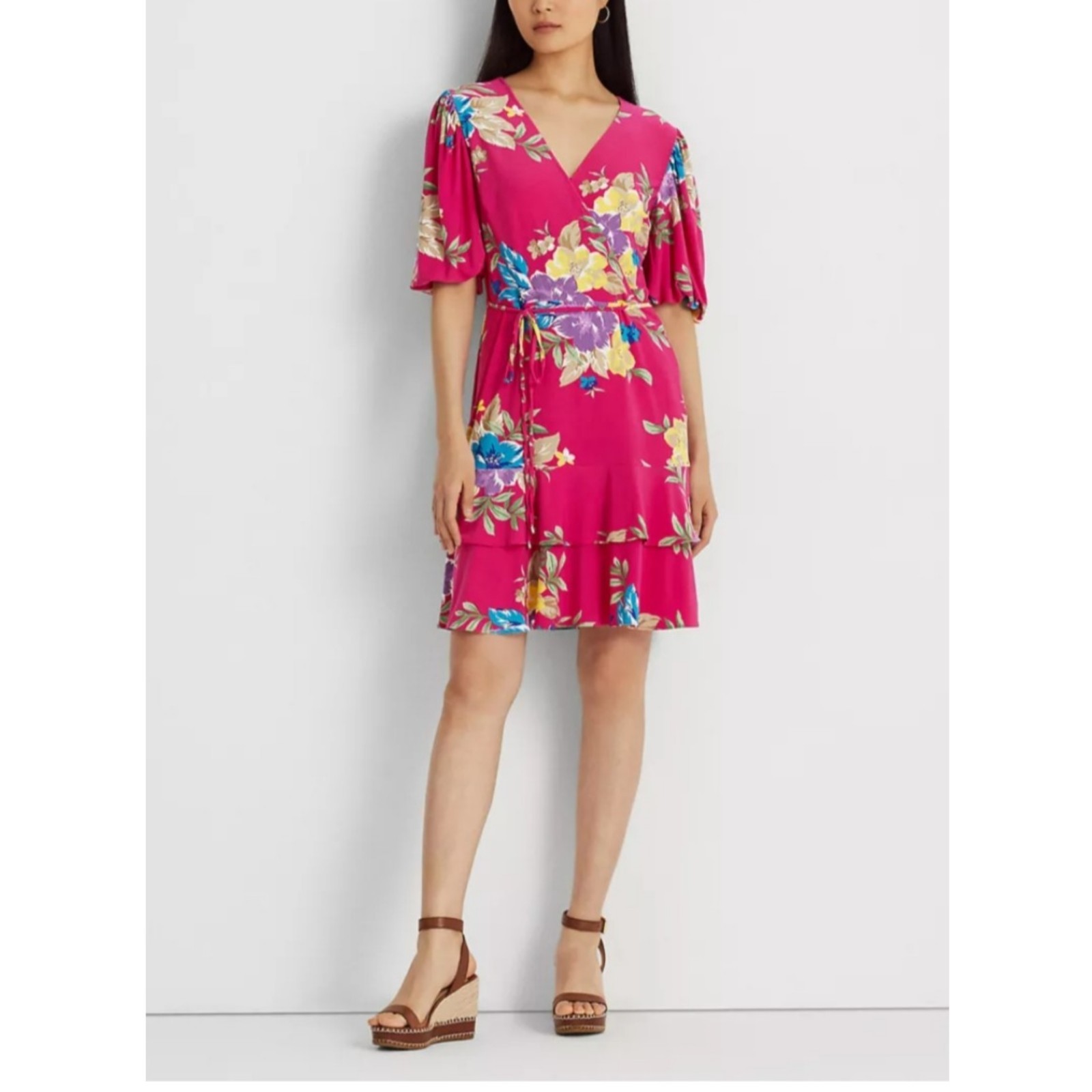 NWT! Lauren Ralph Lauren Pink Floral Jersey Wrap Dress Short Sleeve Ruffle 10P