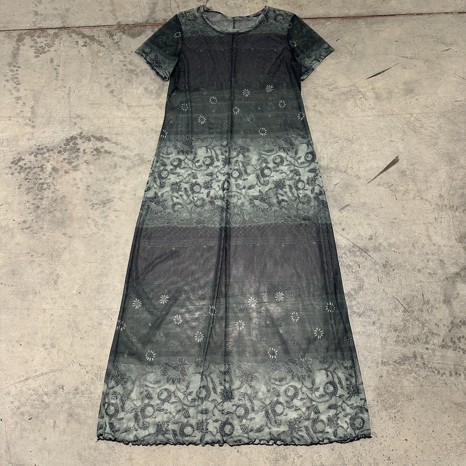 90s Whimsygoth Mesh Overlay Maxi Dress Green Black Floral Celestial Sheer Ombre