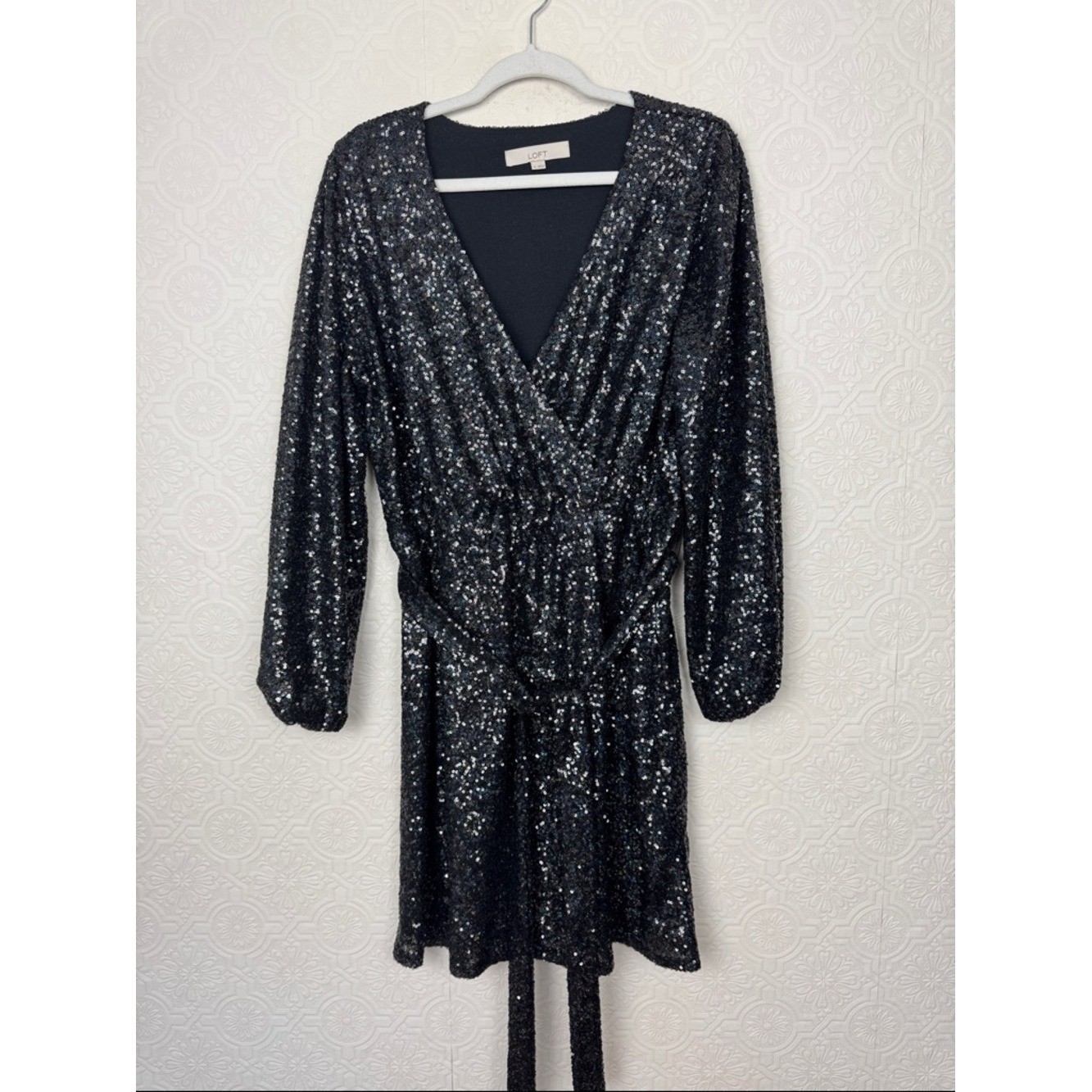 LOFT Black Sequin Wrap Dress Size 12 Long Sleeve Party Holiday Mini