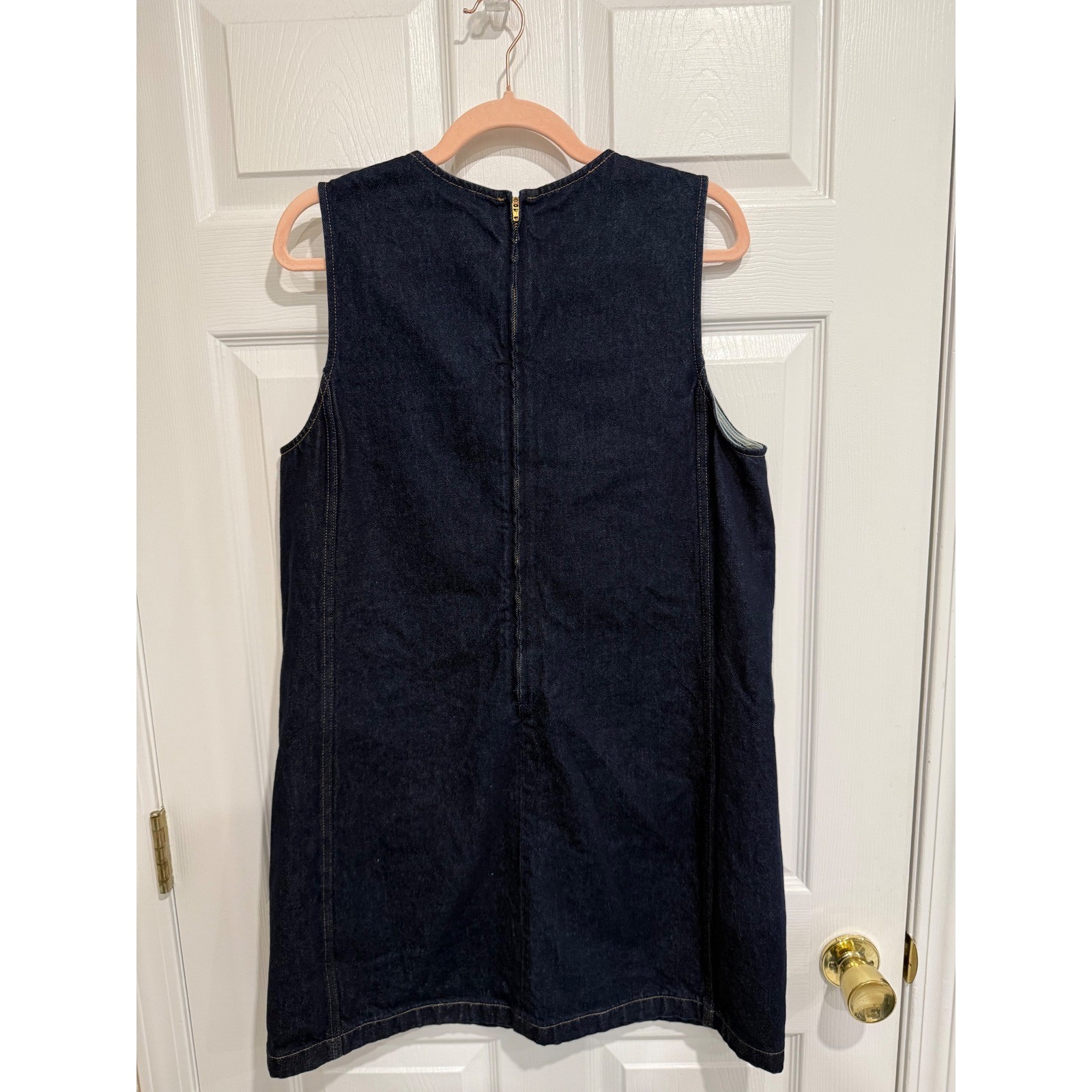 J.Crew Womens Dark Wash Denim Sleeveless Shift Dress Mini Pockets Blue Large