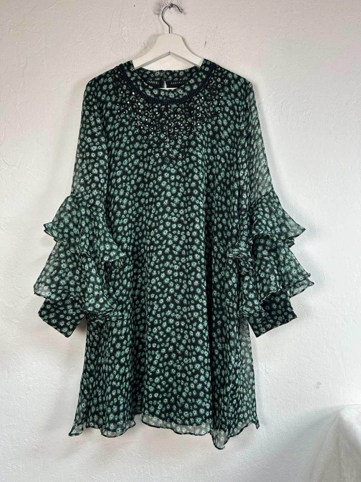 Anthropologie Ranna Gill Green Fluttered Tunic Shift Mini Dress XL Ruffle Sleeve