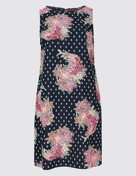 New M&S Collection Navy Blue Paisley Linen Blend Tunic Dress Sz UK 10