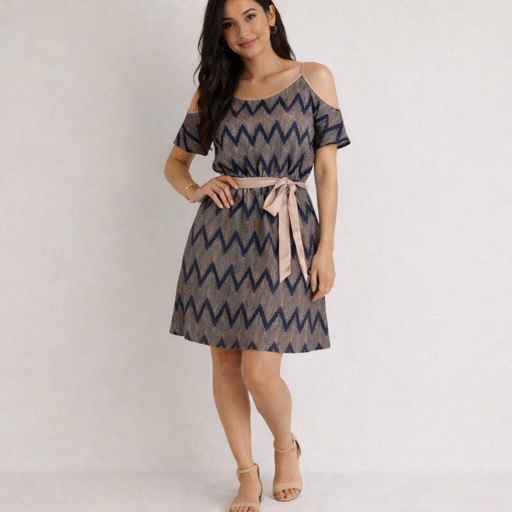 Ya Los Angeles Chevron Cold Shoulder Dress Small Elastic Waist Sash Belt