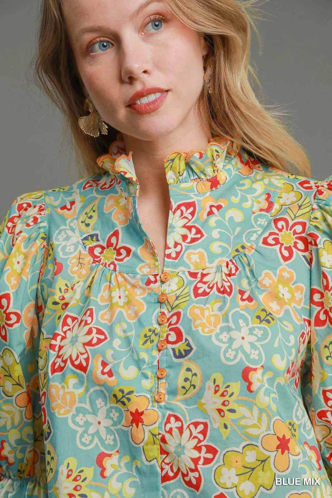 Umgee Blue Multi High Neck Round Yoke Button Down Tiered Mini Dress