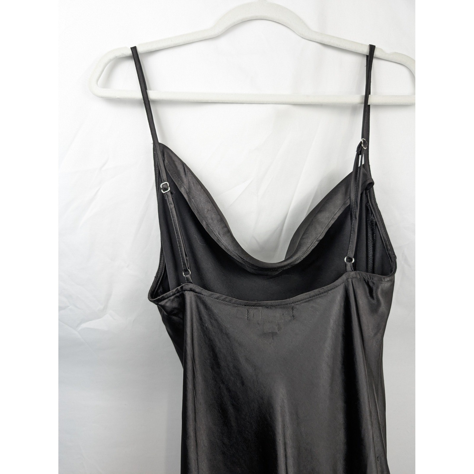 Y2K Whimsigoth Satin Cowl Neck Maxi Slip Dress Sz M Black Dark Leg Slit Romantic