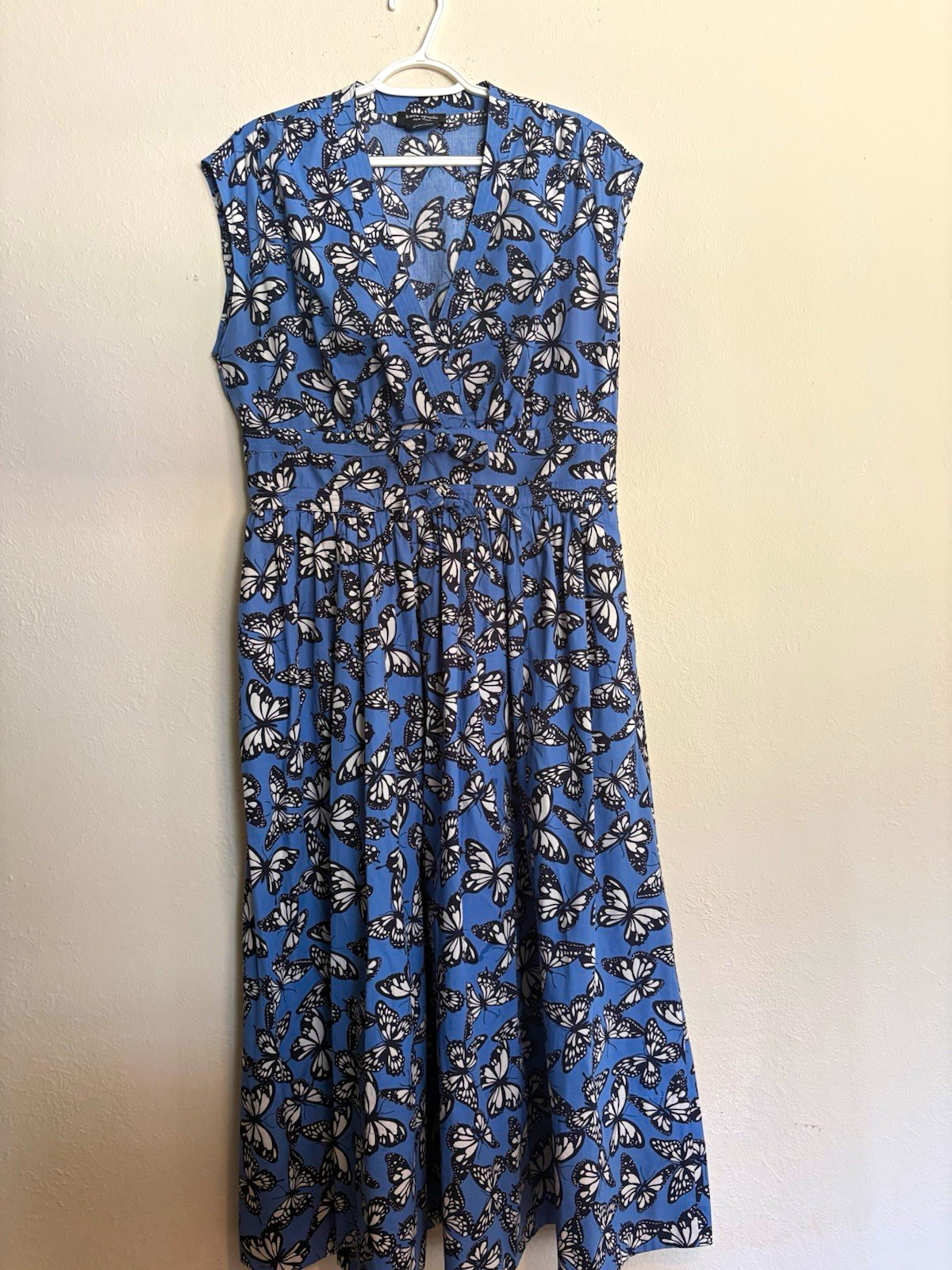 kate spade new york Butterfly Poplin Bow Midi Fit & Flare V-Neck Blue 12