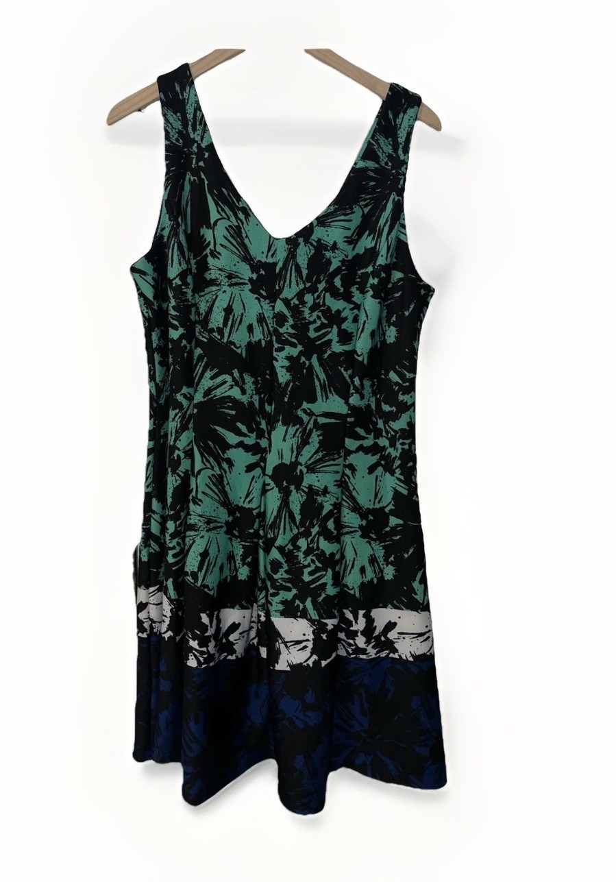 Dress Business Women’s Green/Black Floral Fit & Flare V-Neck Sleeveless 16 Knee