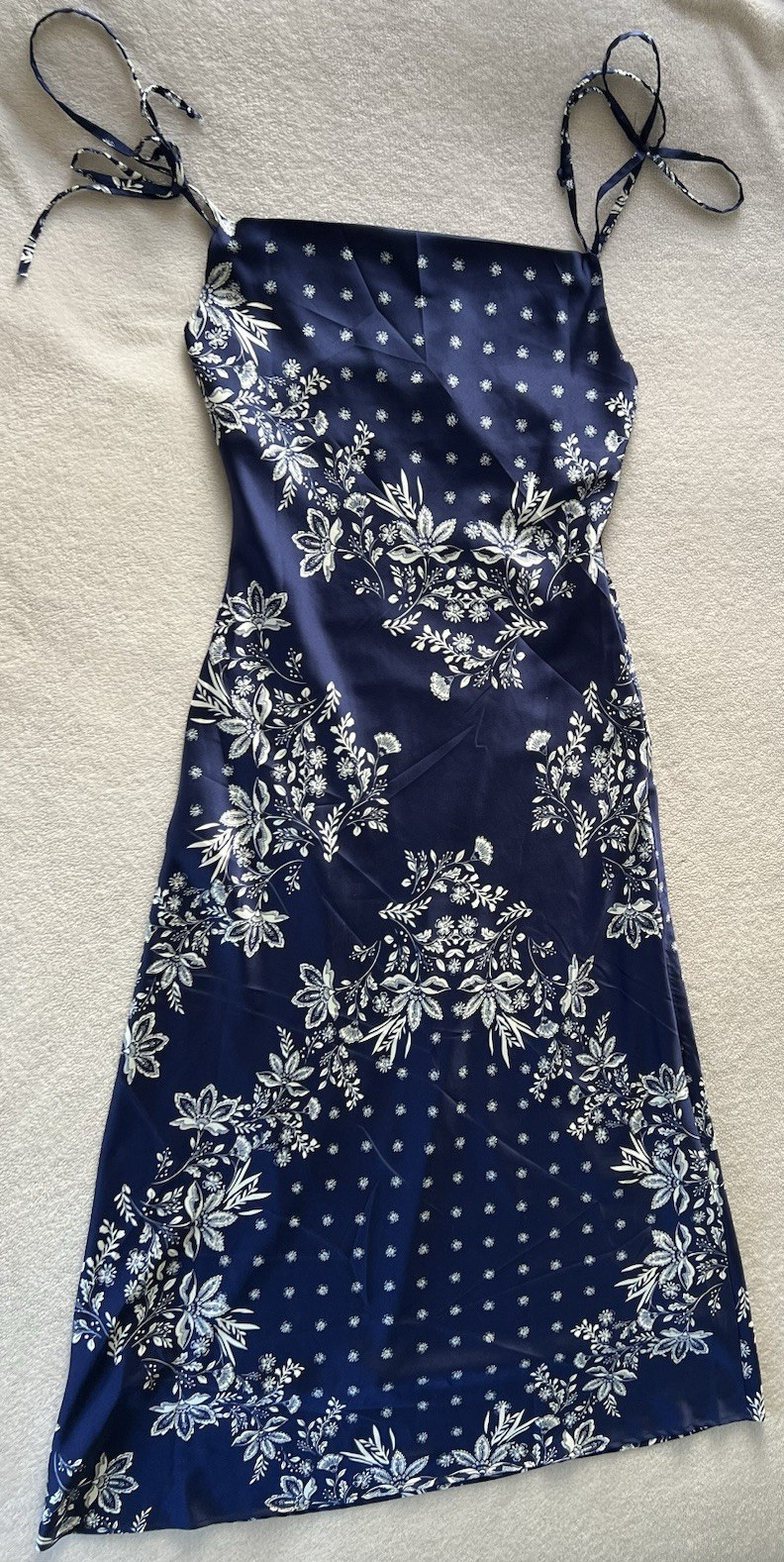 Navy White Floral Midi Dress Tie Strap Size M Wedding Beach Vacation Boho Brunch
