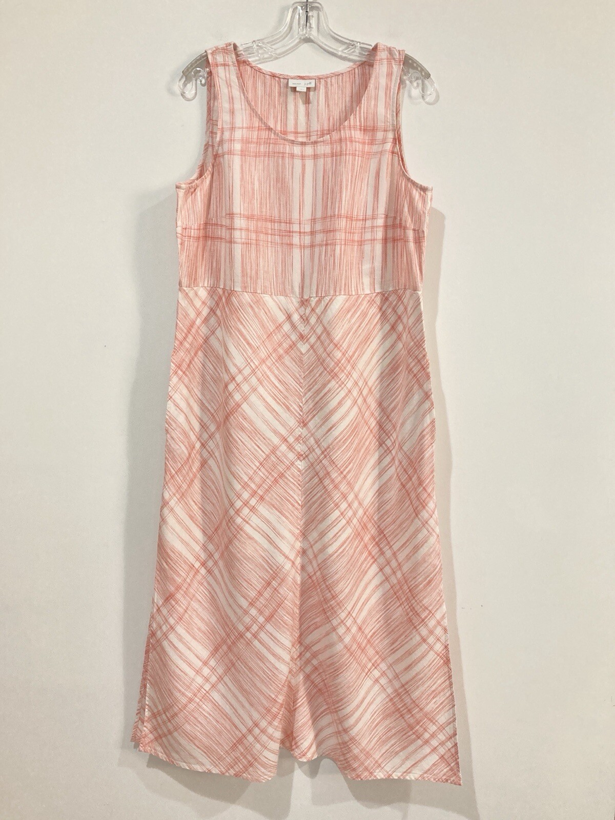J.Jill Love Linen 100% Linen Orange White Plaid Sleeveless Pockets Midi Dress M