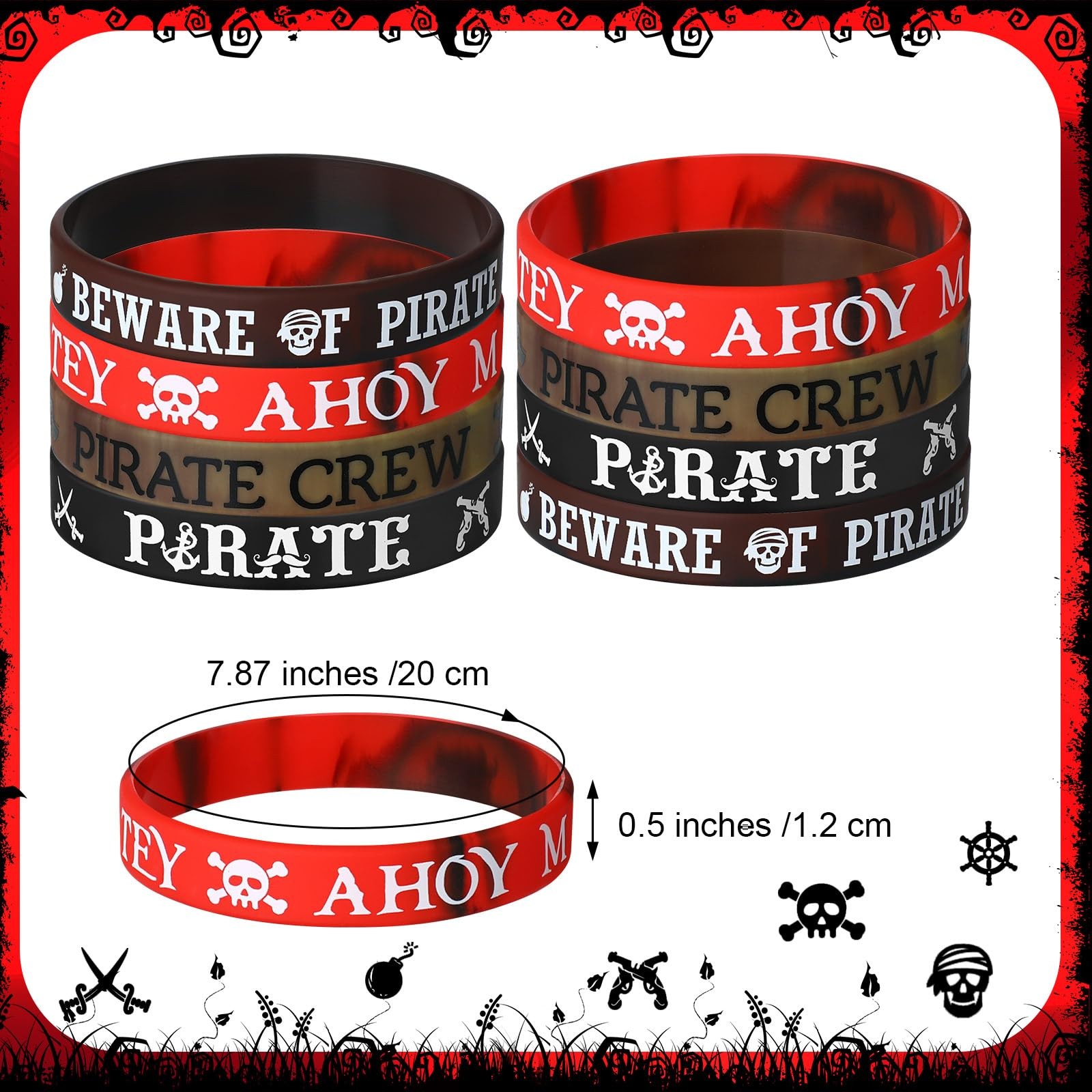 Capoda 24 Pcs Pirate Silicone Bracelets Ahoy Matey Caribbean Rubber Wristbands S