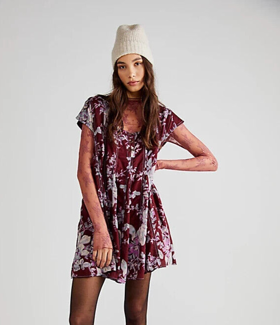 Free People Sully Mini Summer Dress Size Small Purple Combo Floral Print Flowy
