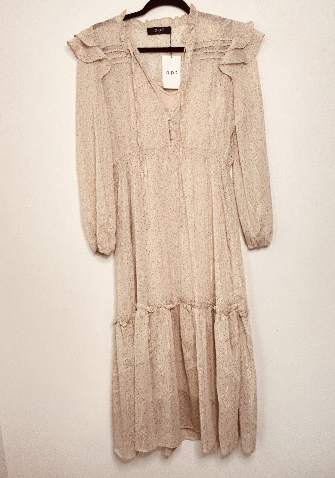OPT Beige Gold Tiered Ruffle Dress Size Medium Cottage Prarie Boho NEW B125