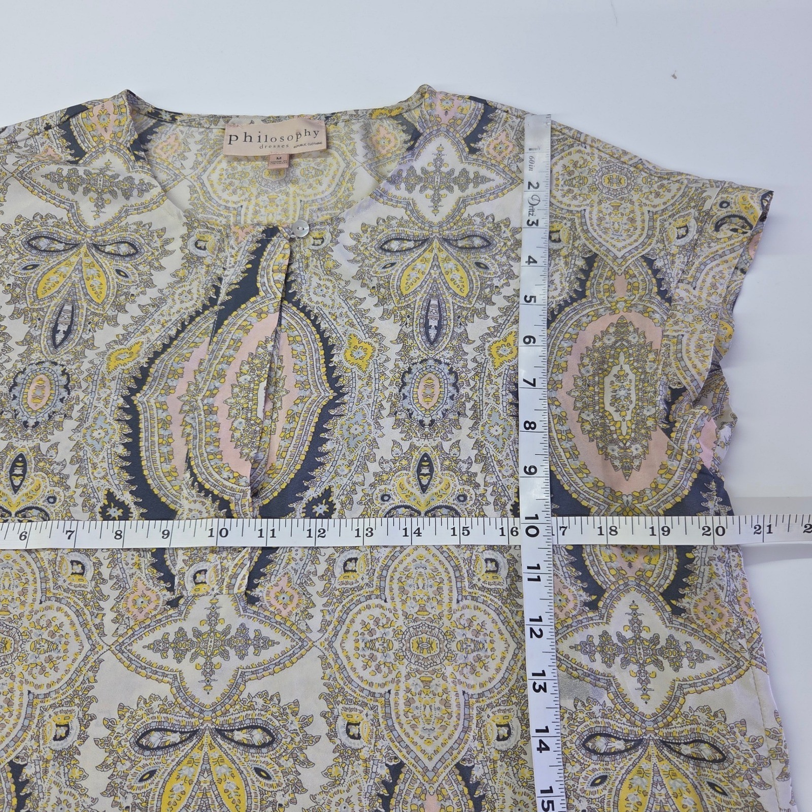 Philosophy Shift Dress Womens Medium Grey Yellow Paisley Split Neck Cap Sleeve