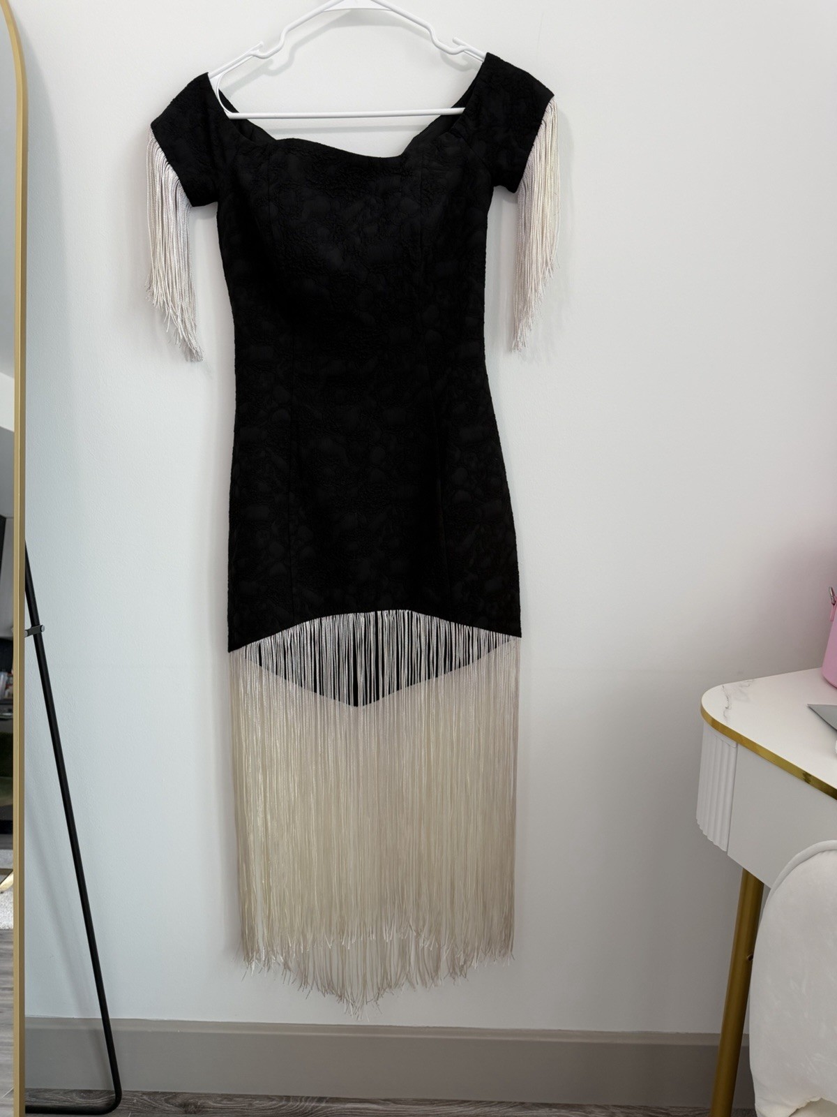 Bella Potemkina Black Off-Shoulder Fringe Bodycon Midi Dress Women’s S