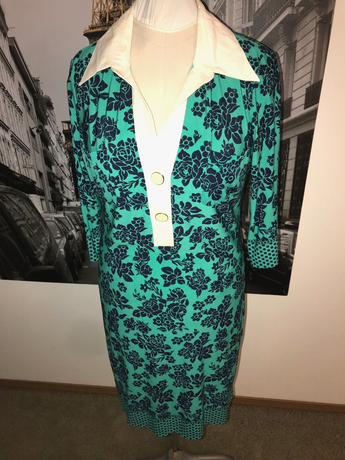 DONNA MORGAN CHIC JADE & INK FLORAL SHIRT DRESS STRETCH SIZE 14M