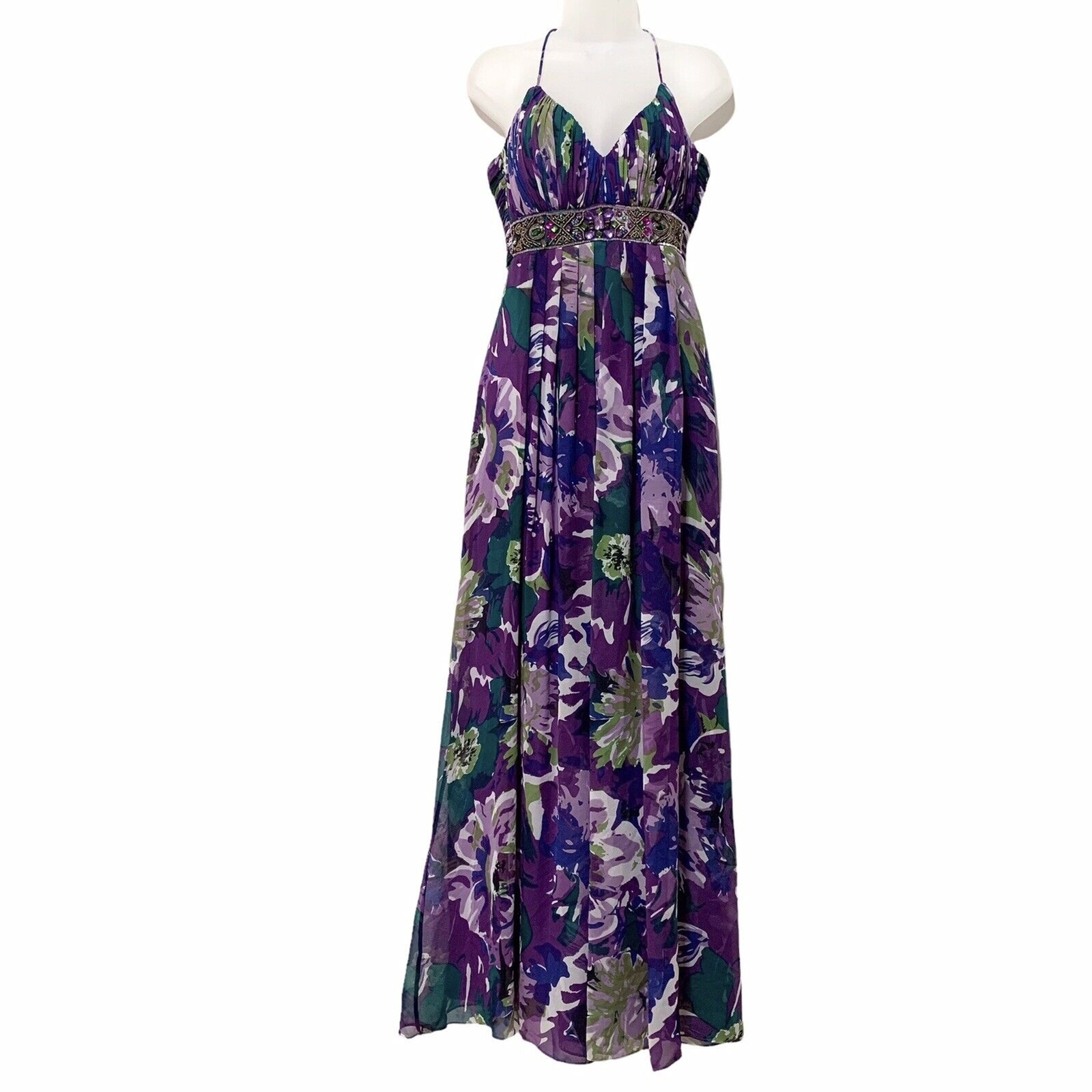 Js Boutique Purple Floral Maxi Dress Beaded Empire Waist Evening Gown Size 8
