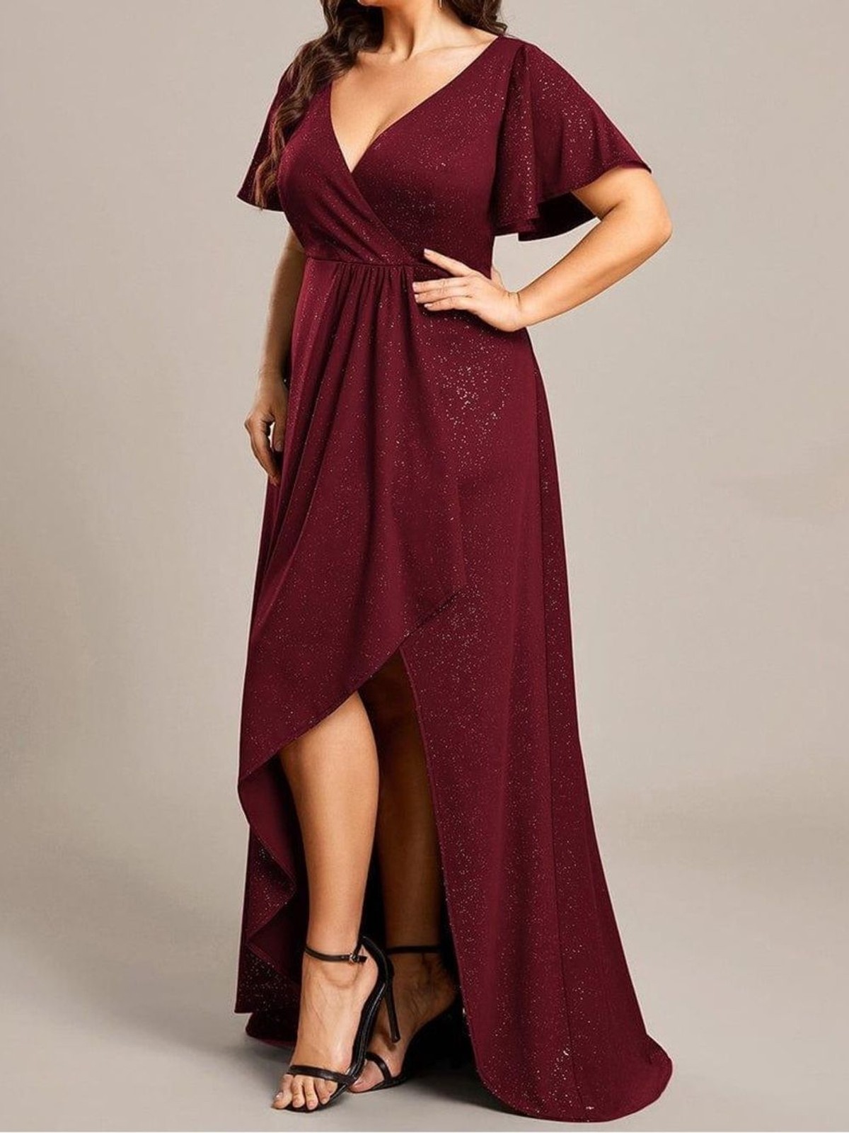 Pretty Melode Plus Size Glitter Ruffled High-Low Front Slit Evening Gown Dress