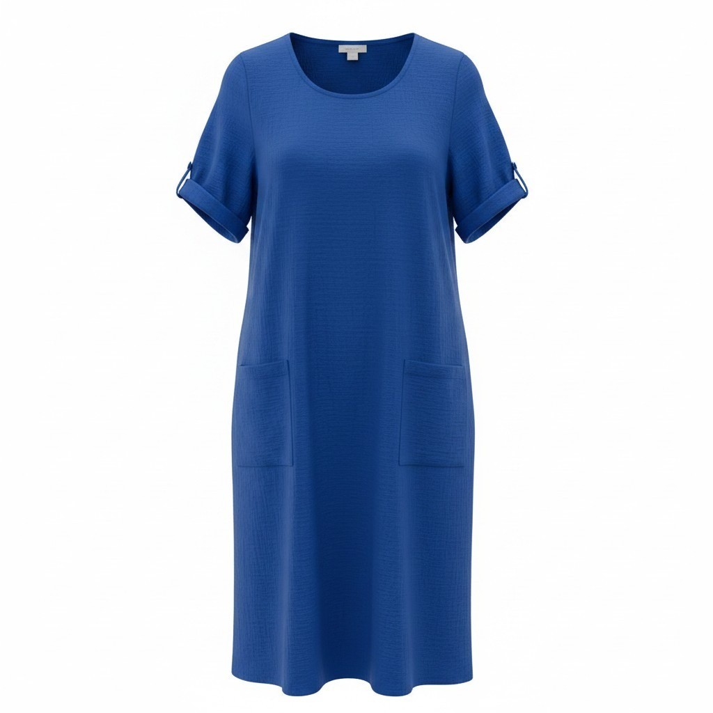 Chicos Women Shift Dress 0 S Blue Cotton Double Gauze Cuffed Pocket Lagenlook