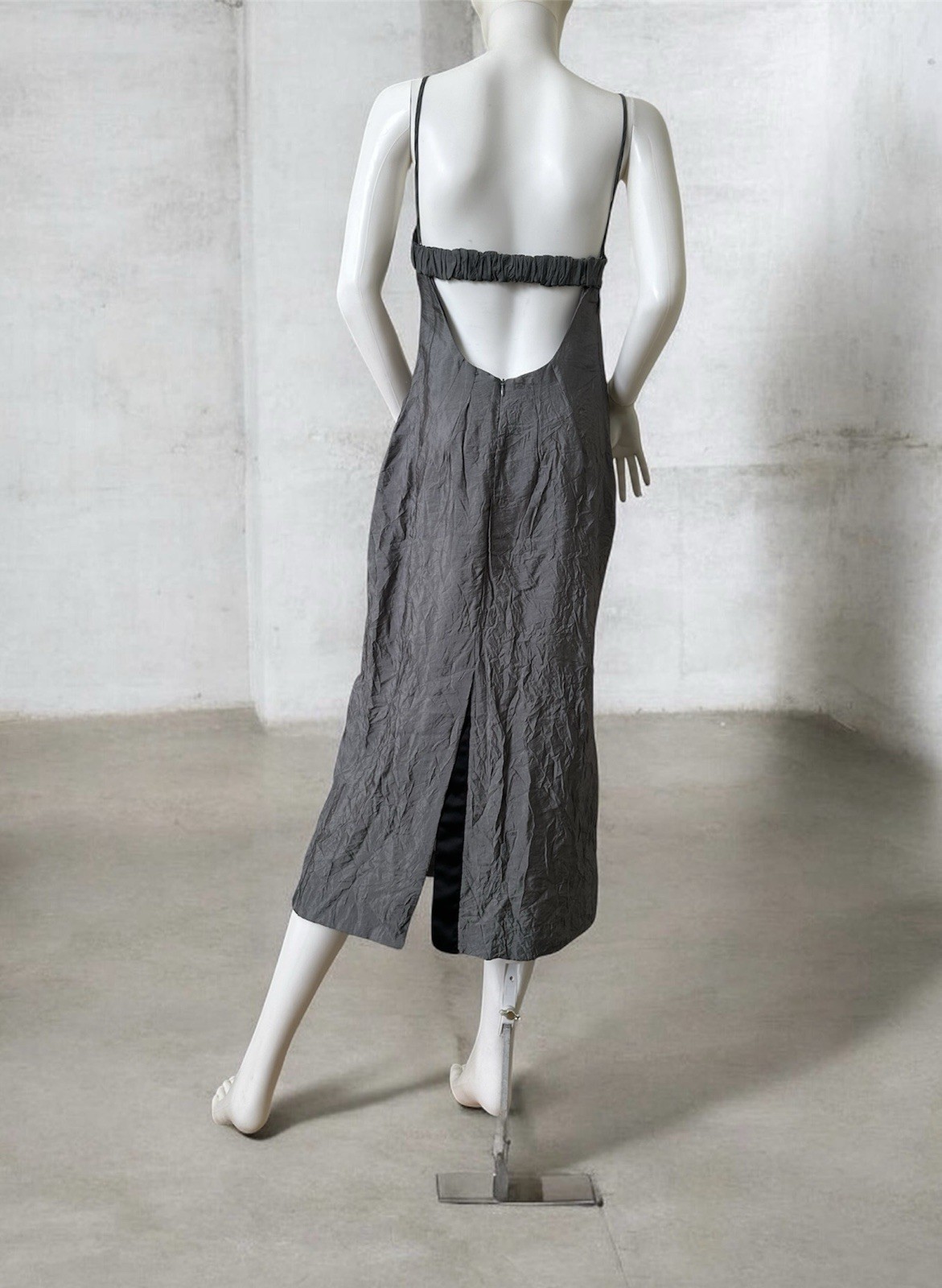 Zara : Ruched Midi Slip Dress Viscose Polyamide Strappy Sleeves Backless Lined