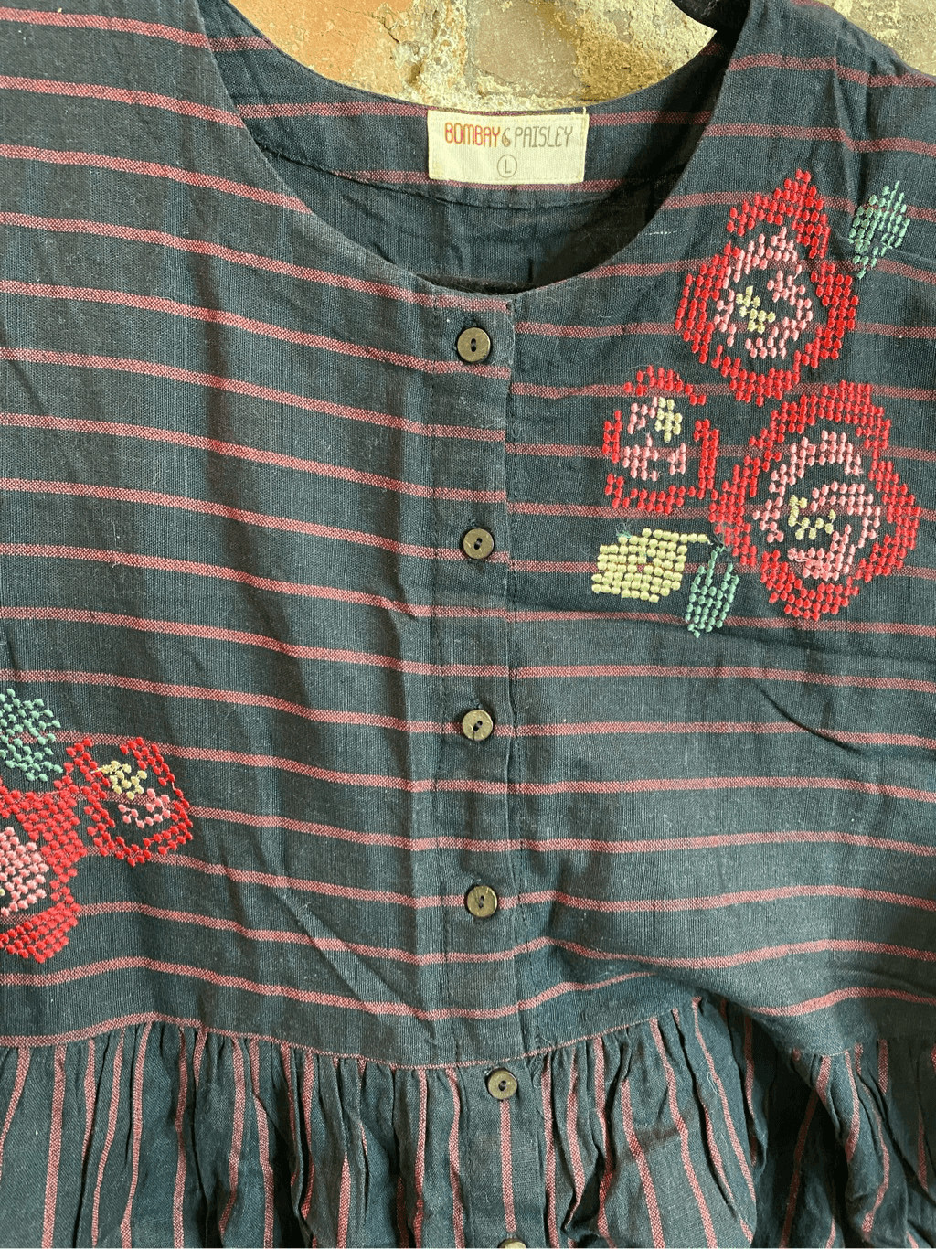 Bombay Paisley Dark Blue Red Stripe Floral Embroidered Button Down 3/4 Sleeve Mi